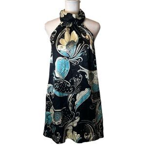 Johnny Martin sz7 junior beautiful black/multi patterned satiny halter dress EUC